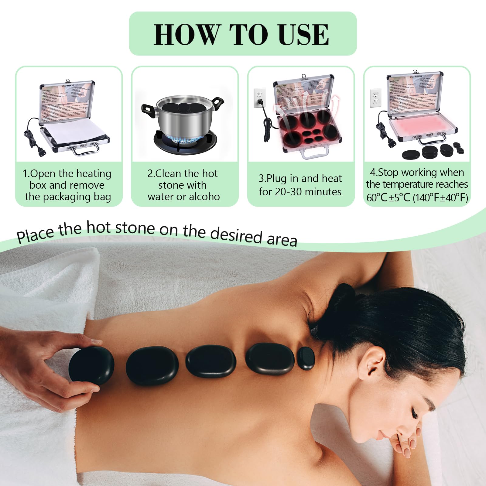 RELEDESA hot stones therapy on back and neck for relief option