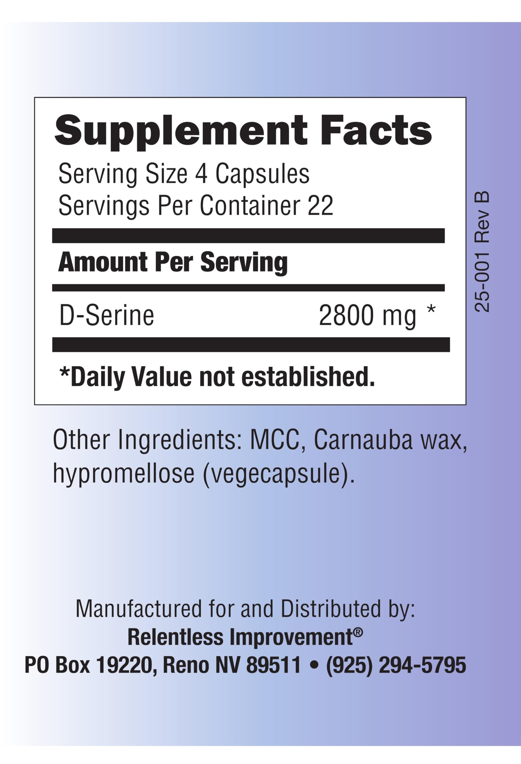 D-Serine bottle side label shows ingredients and no magnesium stearate
