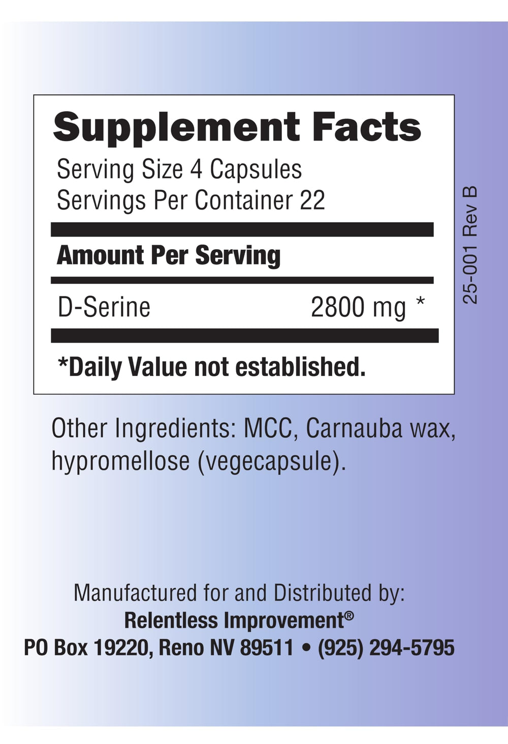 D-Serine bottle side label shows ingredients and no magnesium stearate