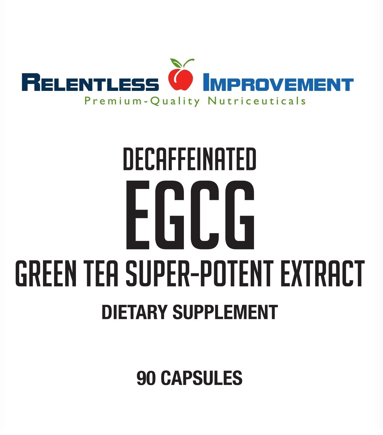 Relentless Improvement EGCG bottle label highlights high-purity polyphenols and low caffeine content.