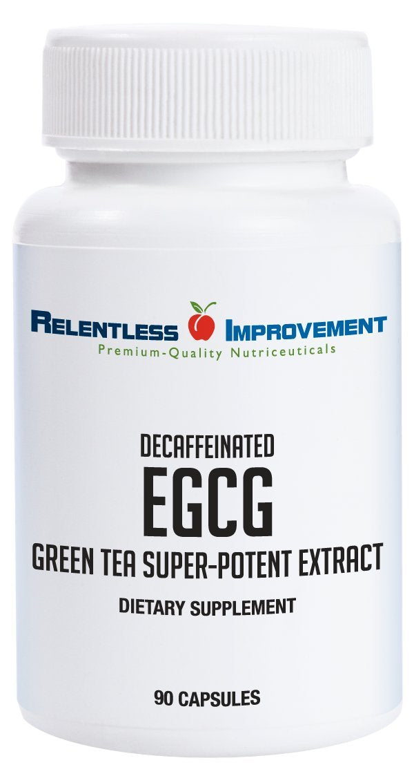 Relentless Improvement EGCG capsules close-up showing potent green tea extract for daily vitality.