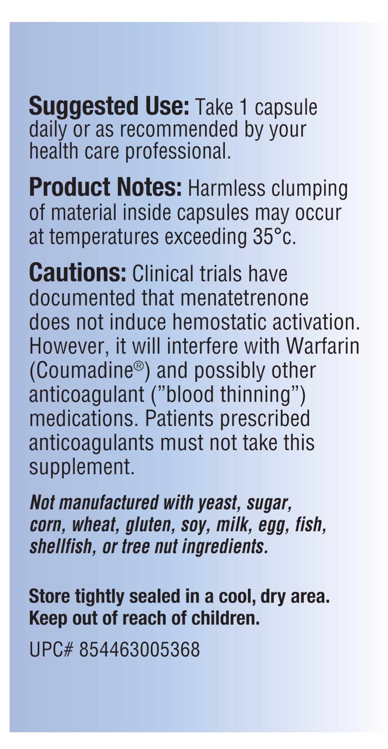 Relentless Improvement K2 bottle label emphasizing purity and soy-free mix.
