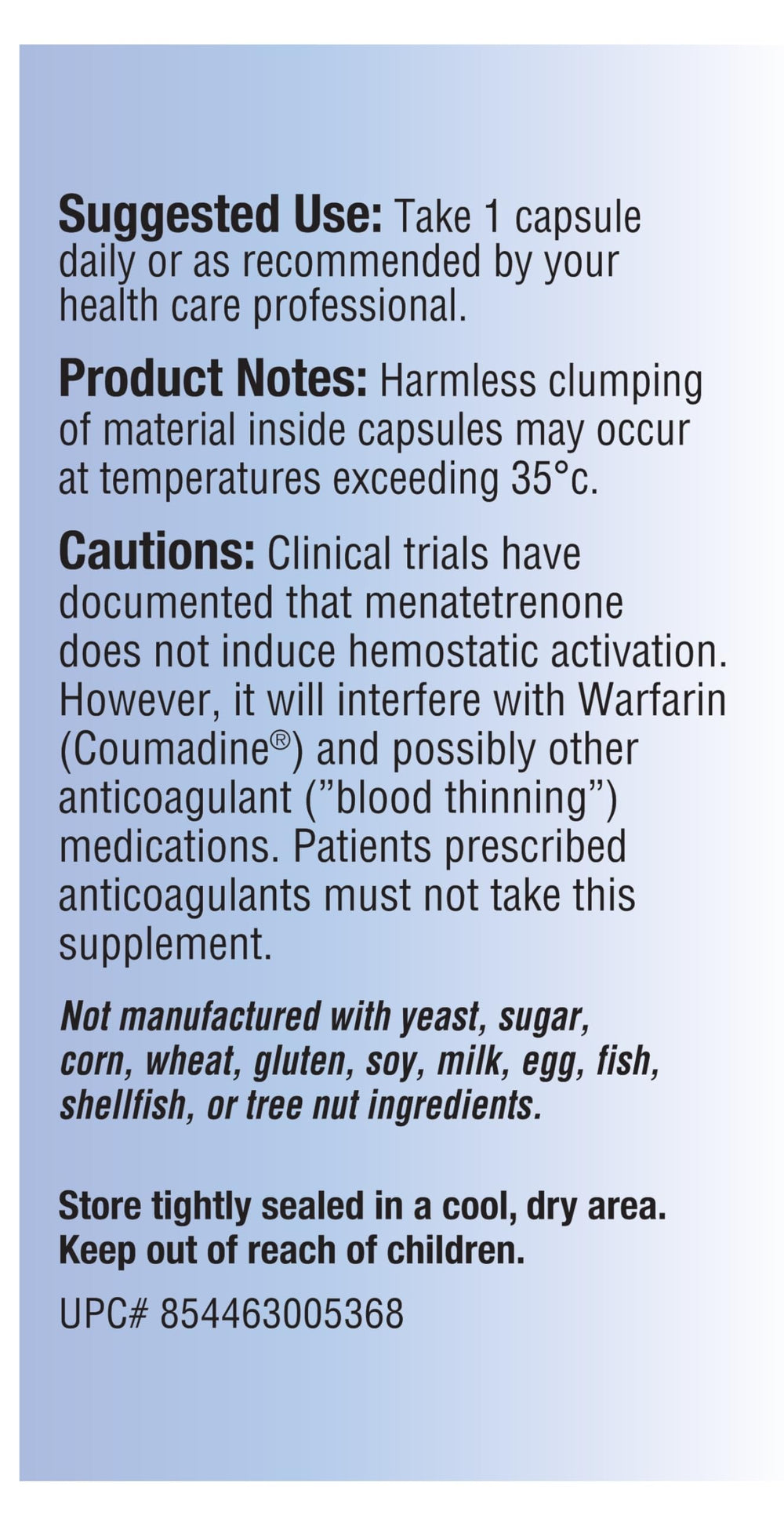 Relentless Improvement K2 bottle label emphasizing purity and soy-free mix.