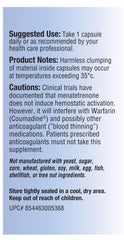 Relentless Improvement K2 bottle label emphasizing purity and soy-free mix.
