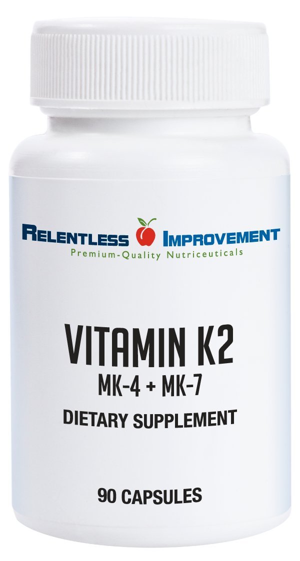 Relentless Improvement Vitamin K2 MK4/MK7 capsule close-up showing high-potency formula.