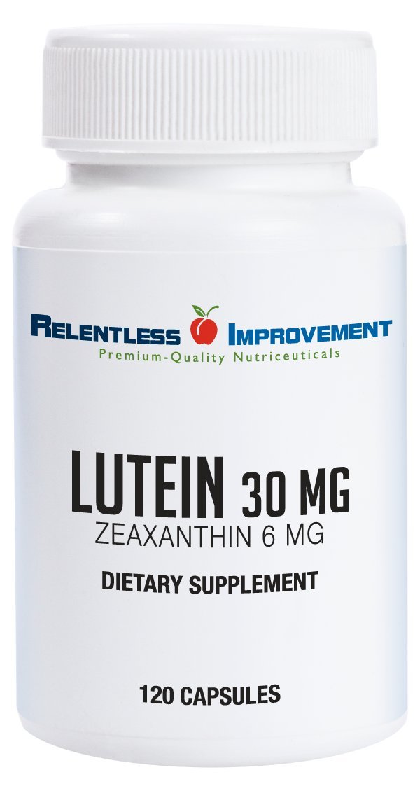 Relentless Improvement lutein bottle – high-potency eye support in vegan capsules.