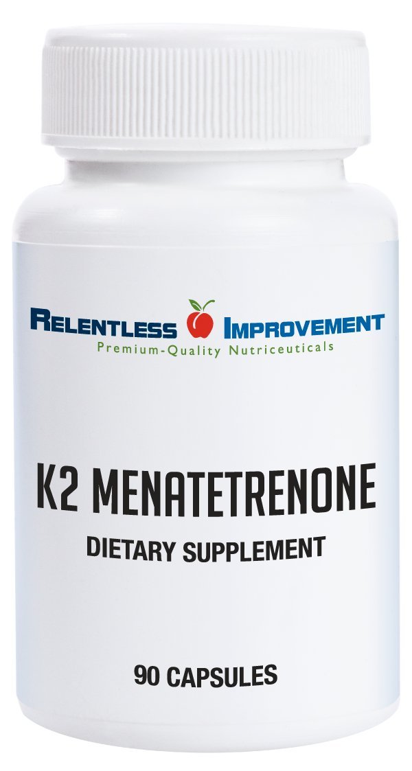 Relentless Improvement Vitamin K2 MK4 bottle pour highlighting high potency for daily support