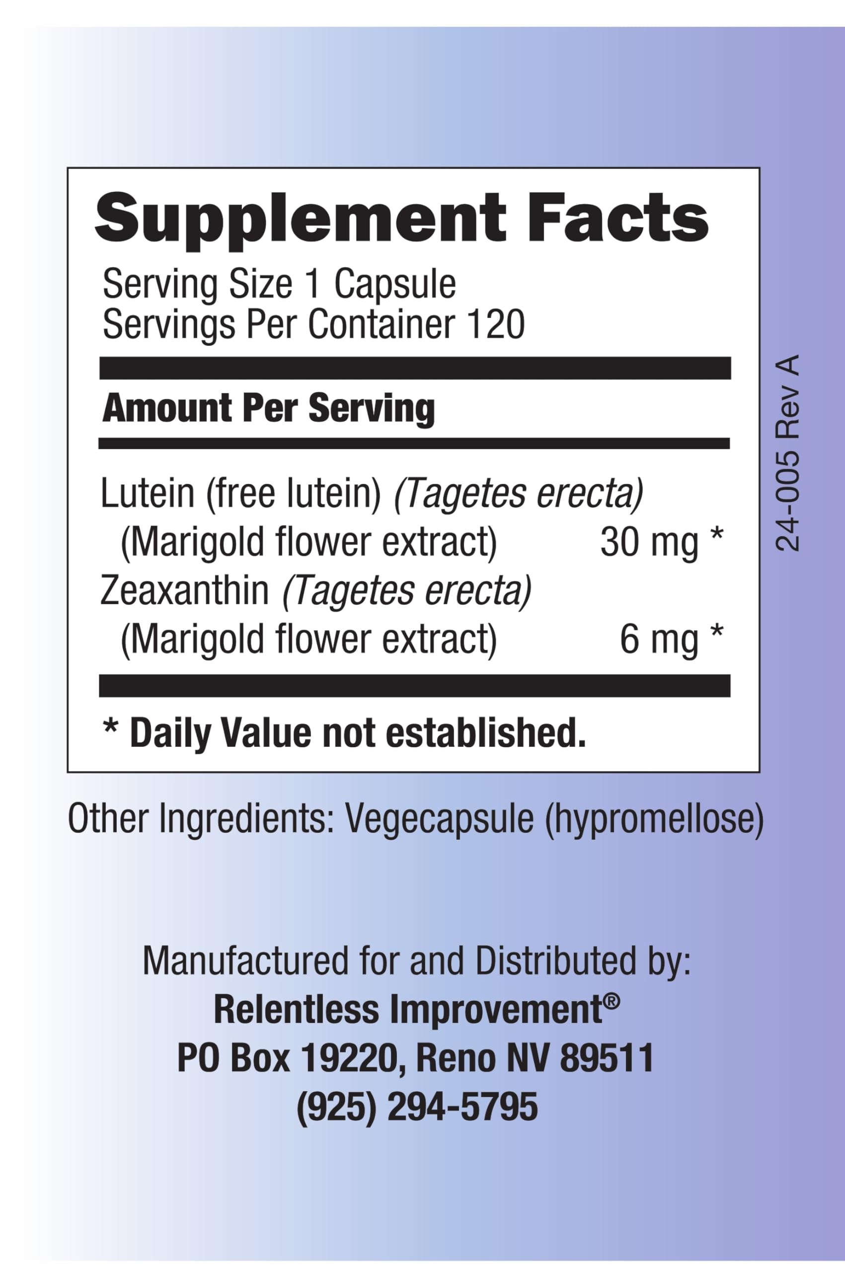 Relentless Improvement zeaxanthin bottle highlights dual carotenoids for retina wellness.
