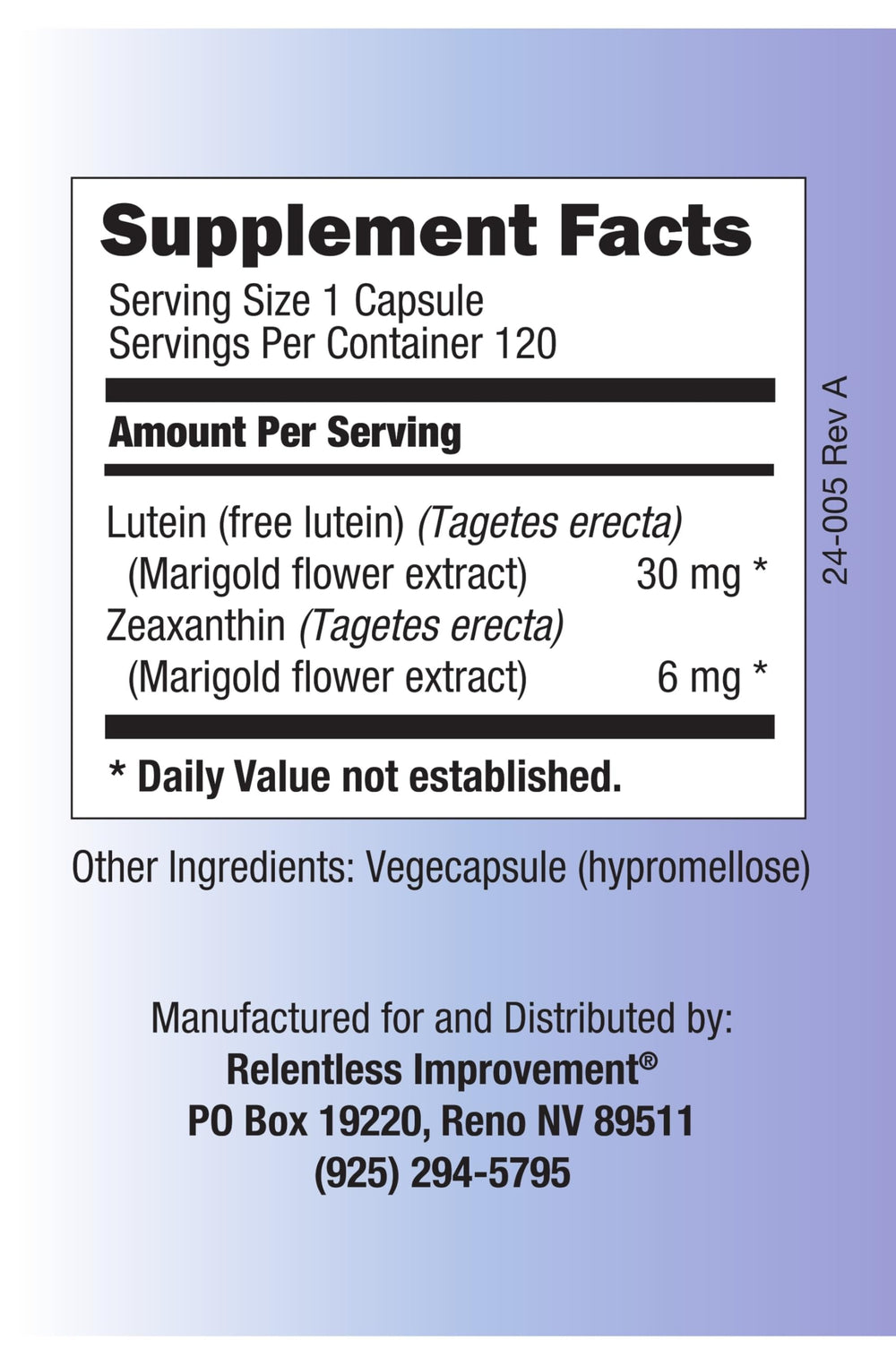 Relentless Improvement zeaxanthin bottle highlights dual carotenoids for retina wellness.