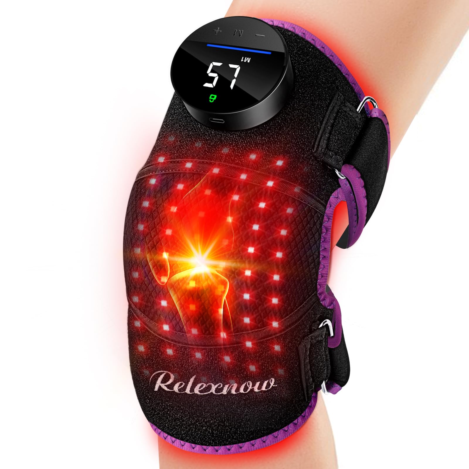 RELEXNOW knee massager showing heated vibration hug around the knee for deep relief
