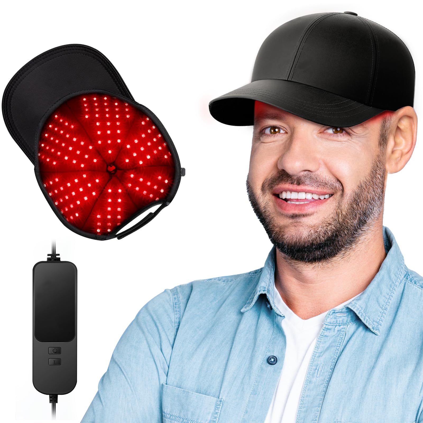 RELEXNOW red light cap worn for at-home scalp therapy and relaxation.
