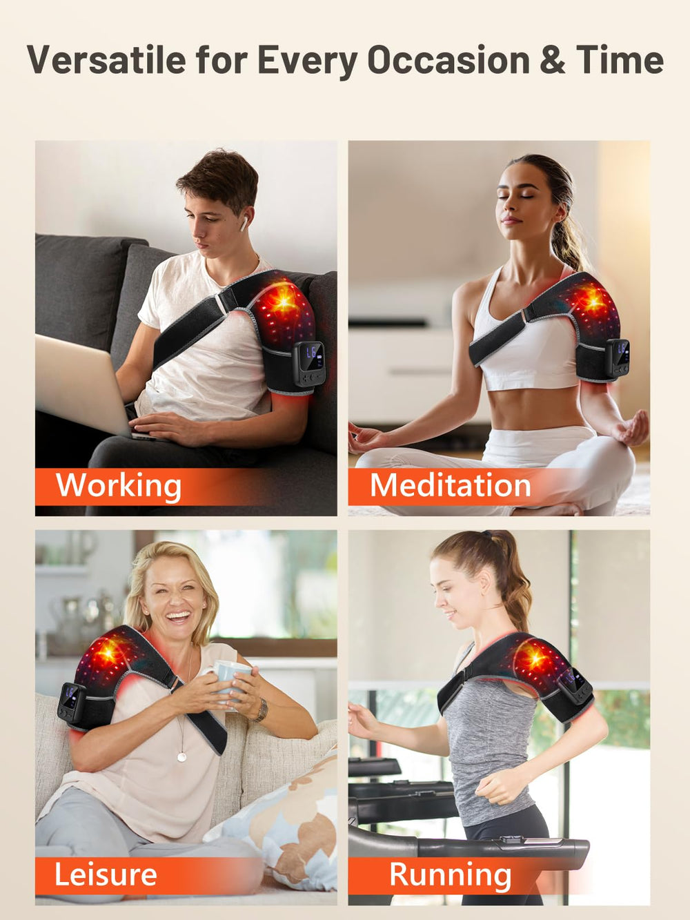 RELEXNOW shoulder wrap heat modes illustrated for customizable warmth