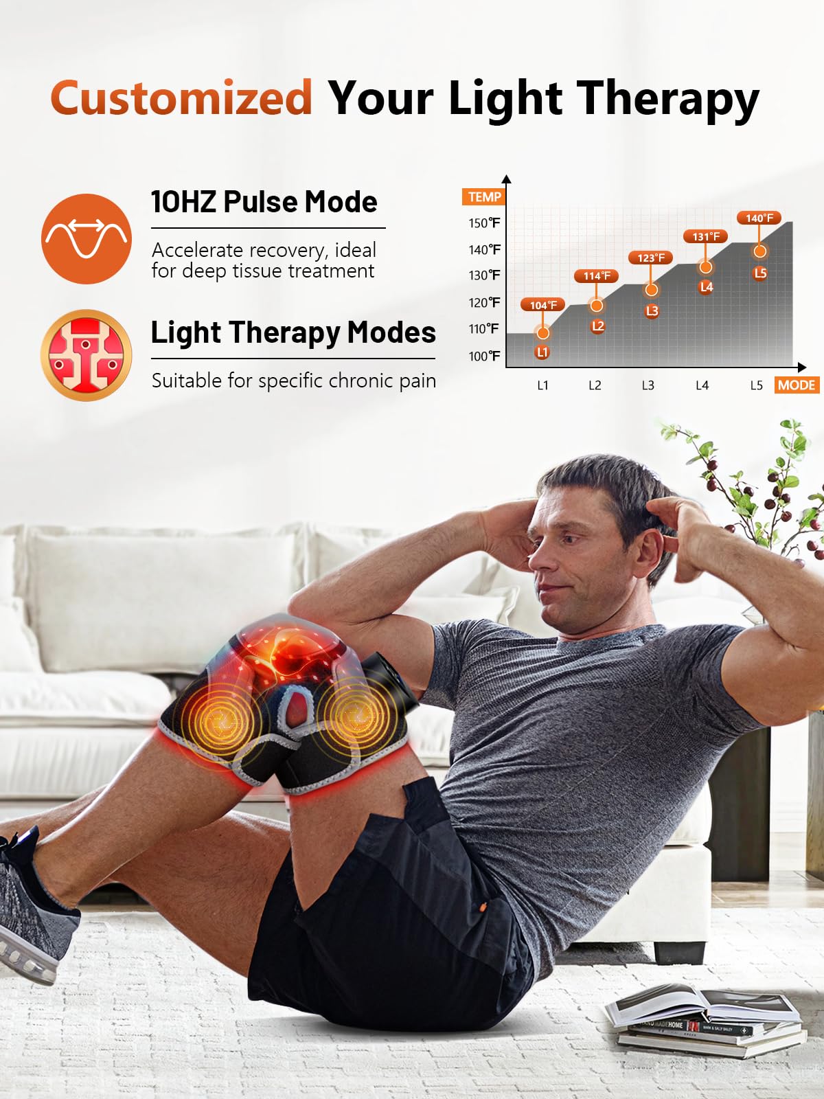 RELEXNOW thermal pulse knee massage showing three vibration levels and heat zones.