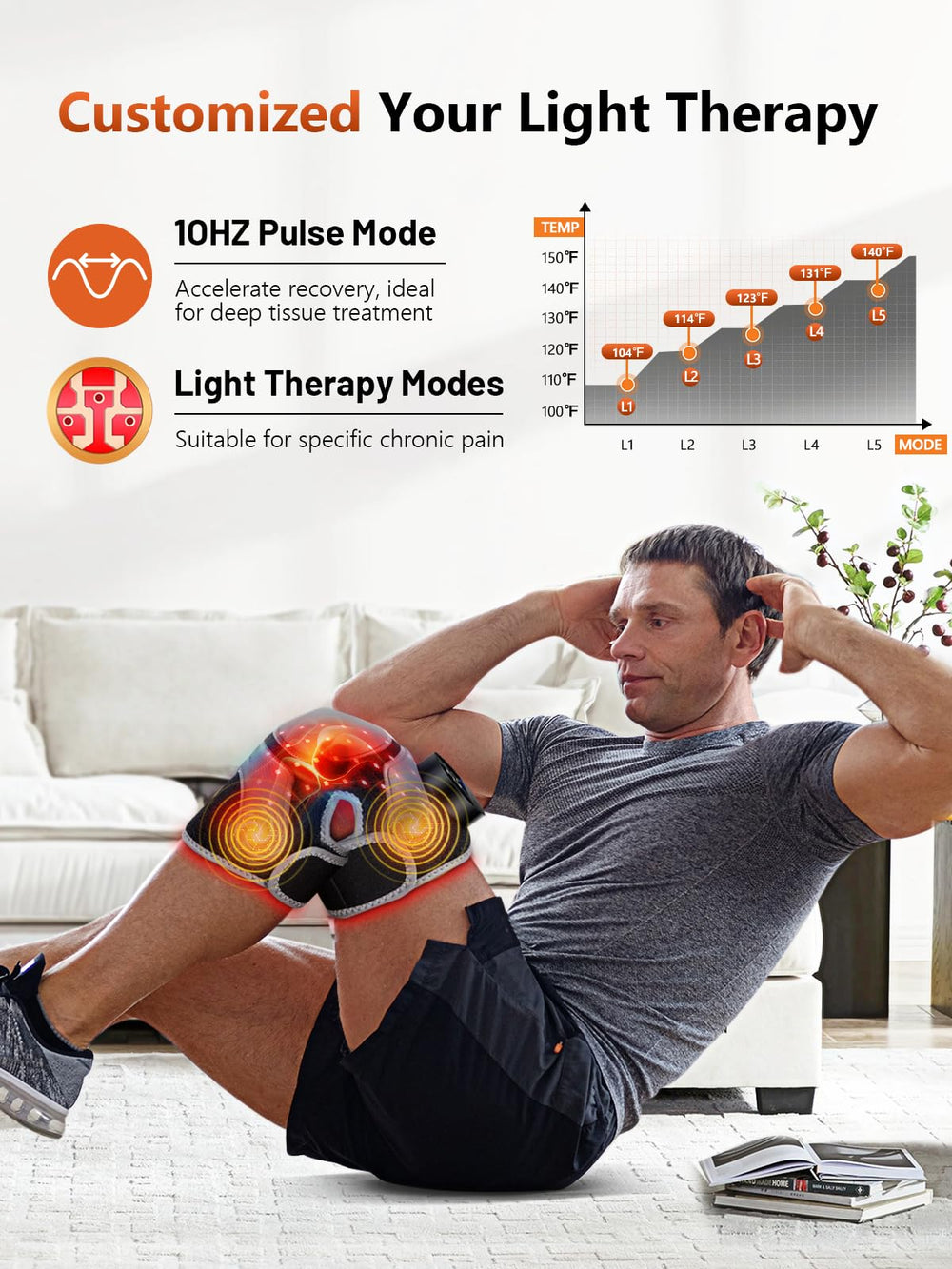 RELEXNOW thermal pulse knee massage showing three vibration levels and heat zones.
