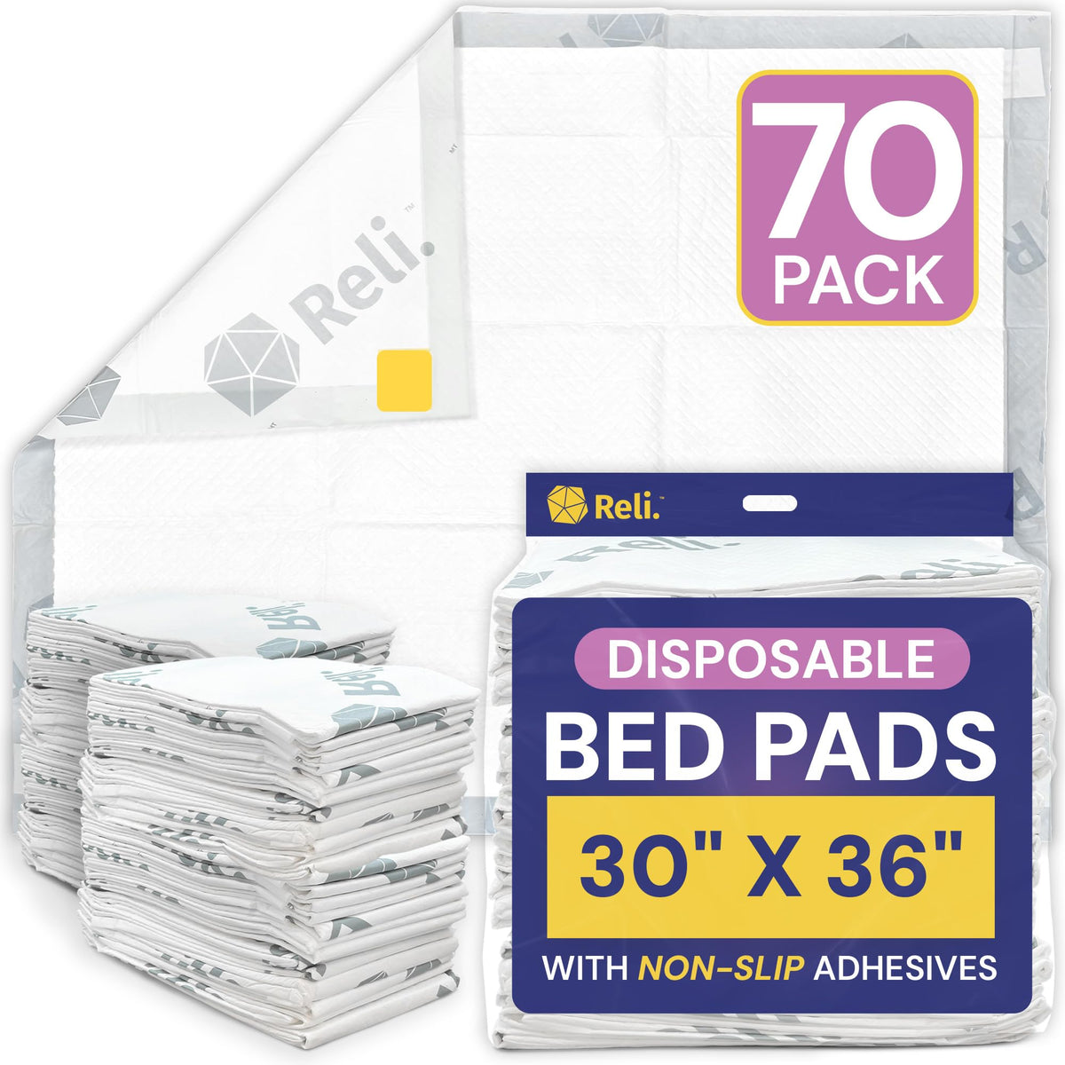 Reli bed pads packaging showing 70-pack convenience and travel readiness