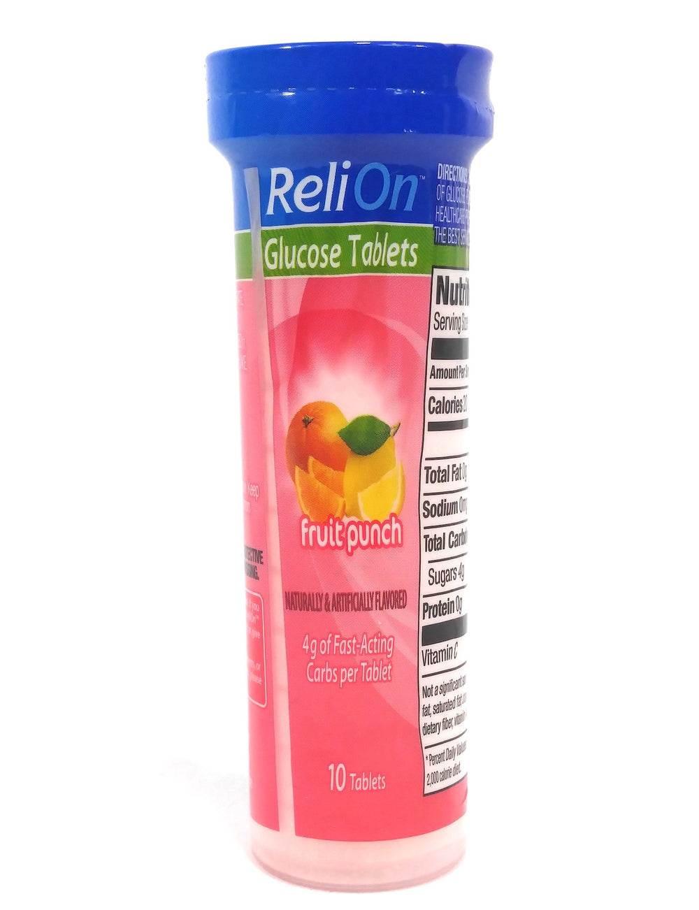 ReliOn glucose fruit punch tablets, small chews for quick energy.