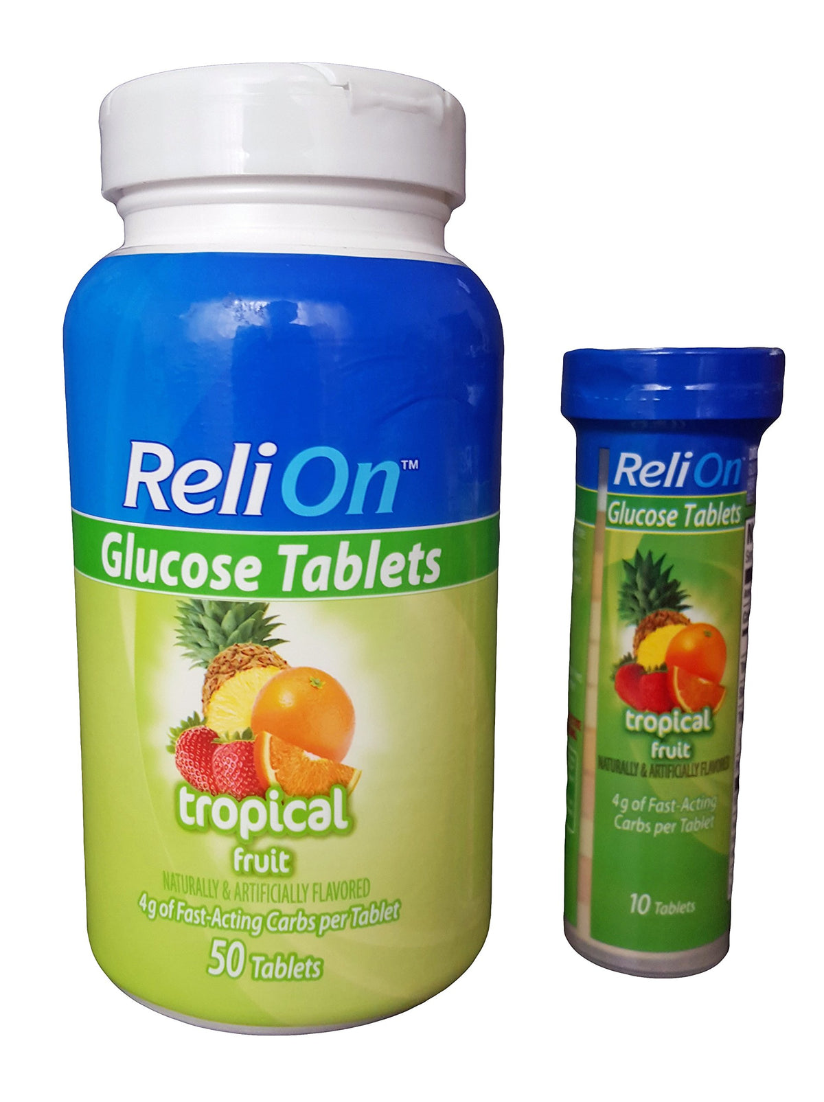 ReliOn glucose tropical fruit on-the-go tube showing portable packaging