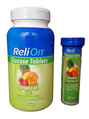 ReliOn glucose tropical fruit on-the-go tube showing portable packaging