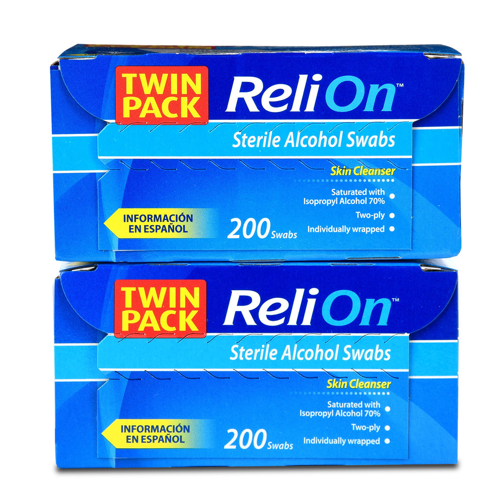 Reli On sterile alcohol swabs two-box package for quick skin prep.