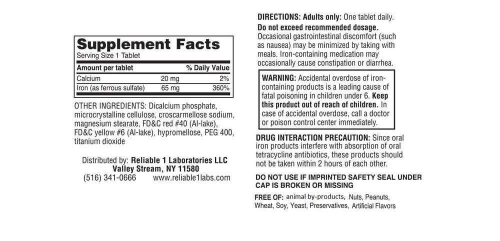 Reliable-1 iron supplement close-up of a red-coated ferrous sulfate tablet