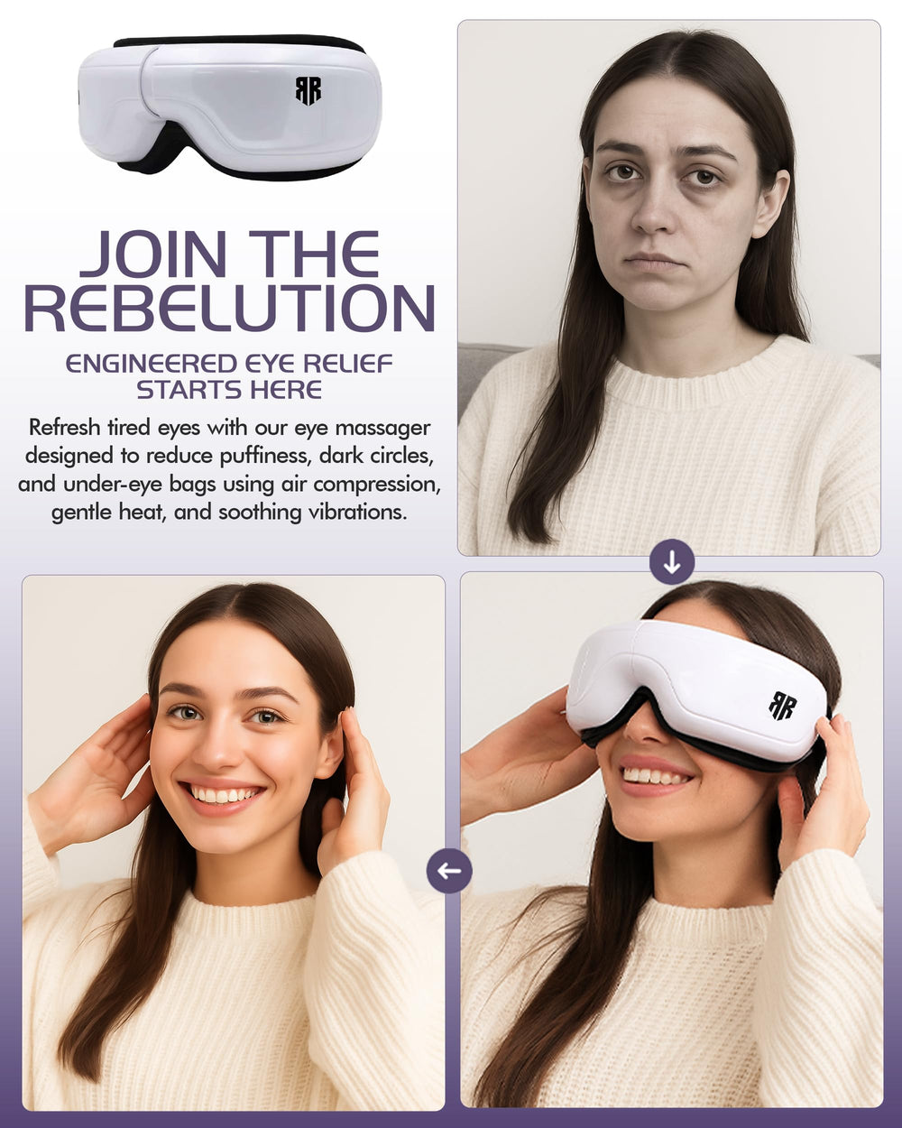 Relief Rebel migraine relief design targets temples and eye area.