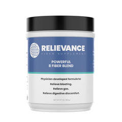 Relievance fiber supplement bottle front highlights 8-fiber blend for gentle digestive support.