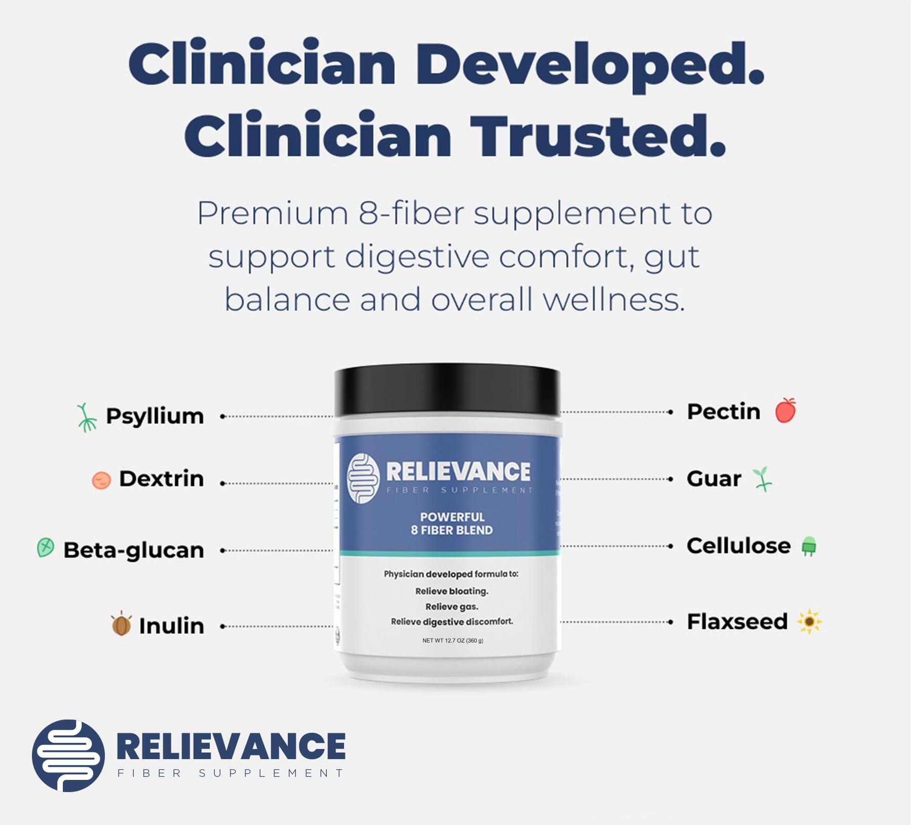 Relievance label closeup shows gluten-free and dairy-free formulation.