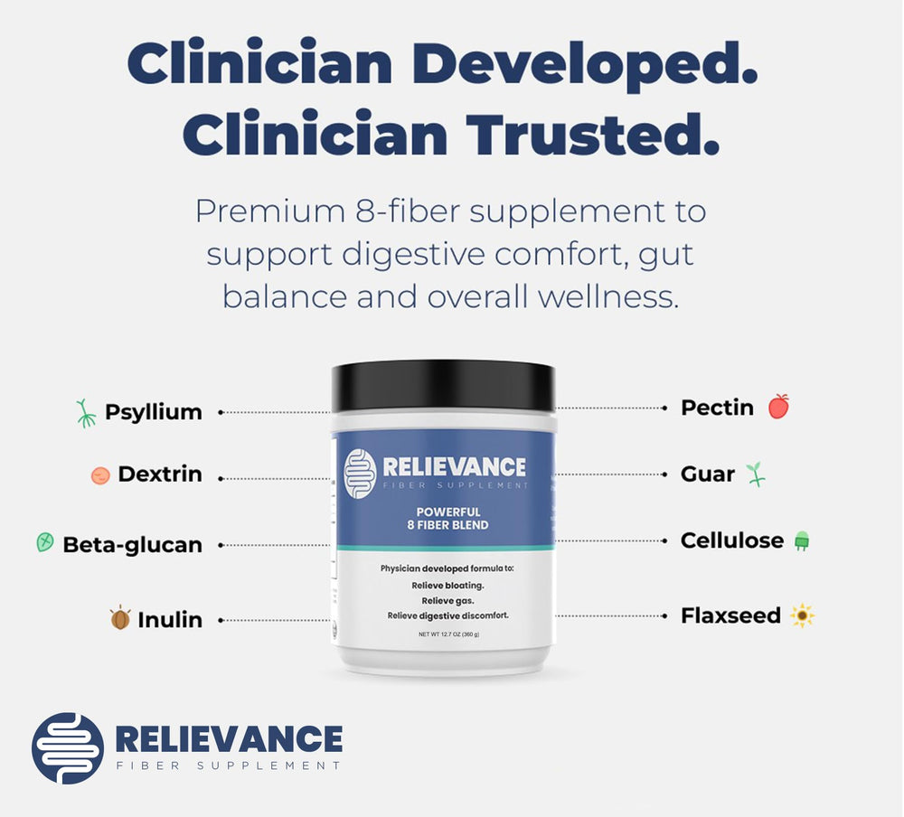 Relievance label closeup shows gluten-free and dairy-free formulation.