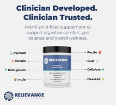 Relievance label closeup shows gluten-free and dairy-free formulation.