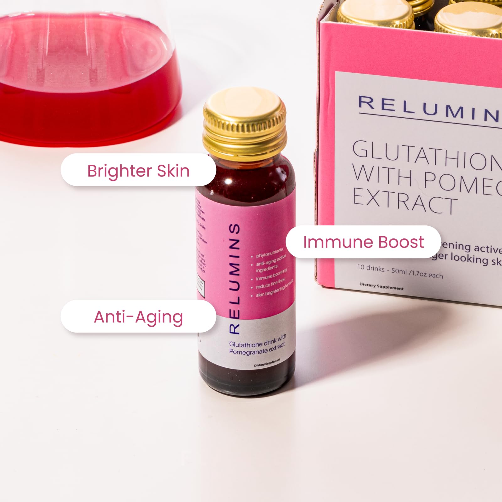Relumins packaging in recyclable glass for eco-conscious beauty.