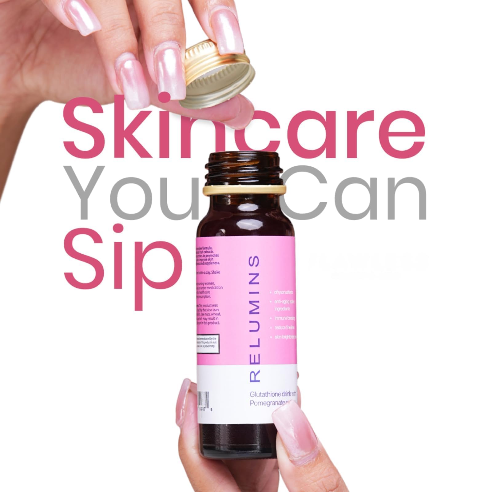 Relumins Glutathione Hydration Shot on a vanity with soft lighting for radiant skin.