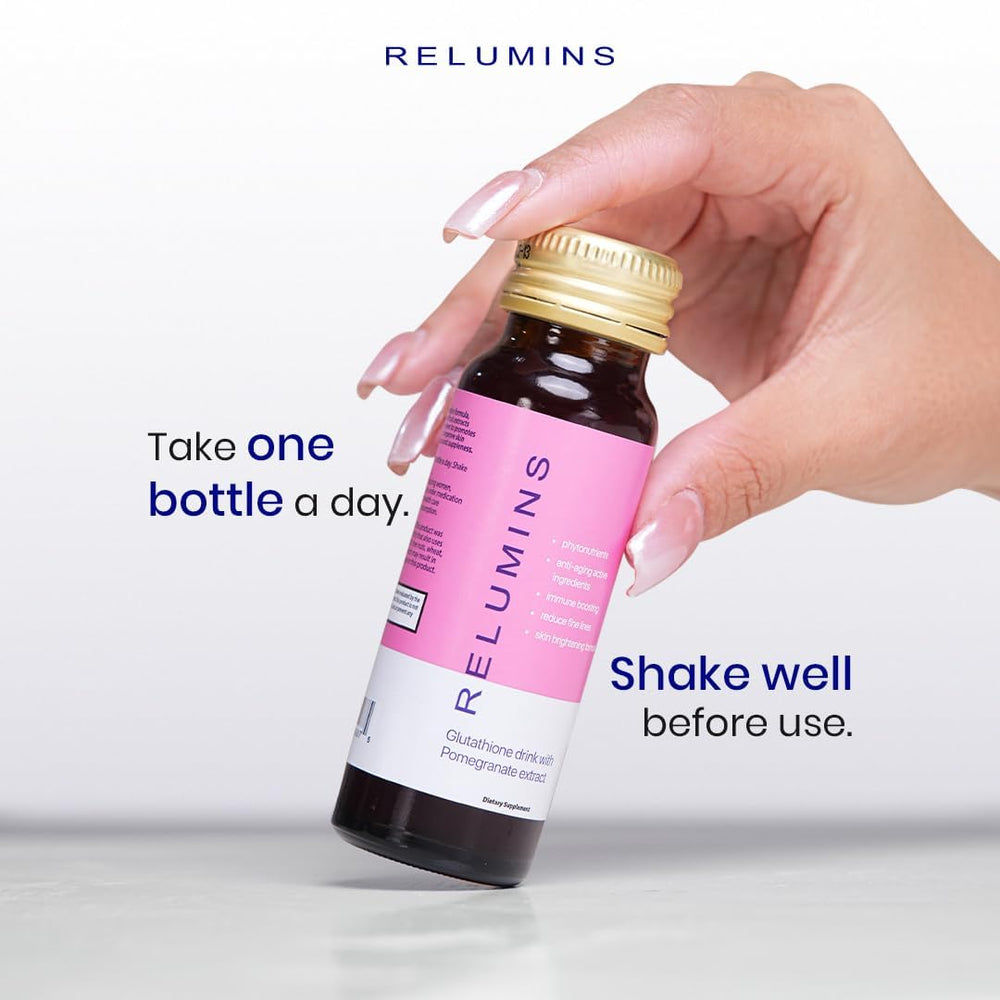 Relumins Glutathione Hydration Shot bottle with ingredients imagery indicating antioxidants and collagen.