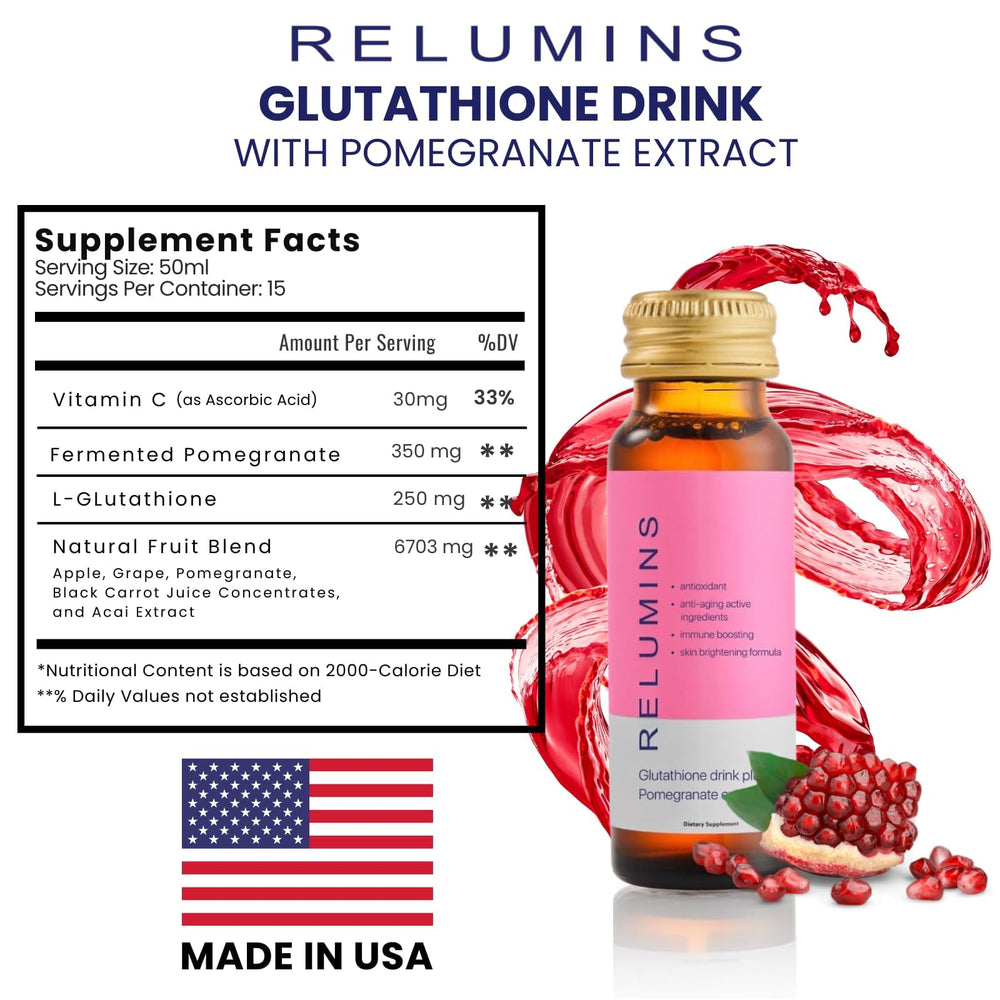Relumins Glutathione Hydration Shot beside a glass with moisture beads.