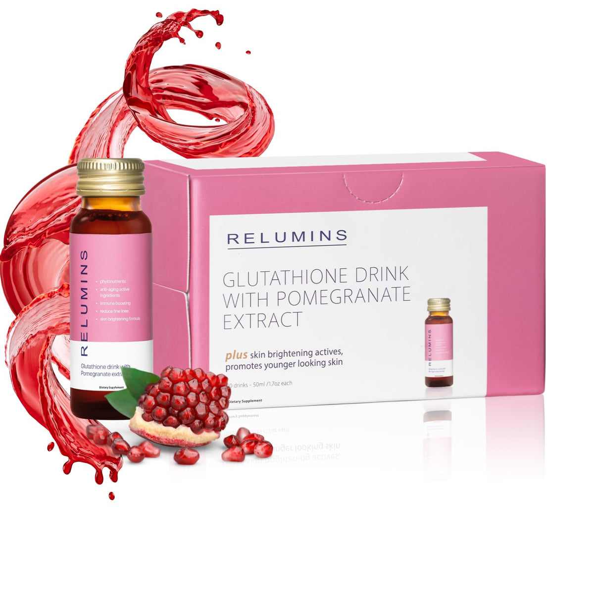Relumins Glutathione Hydration Shot bottle for daily hydration and festive glow.