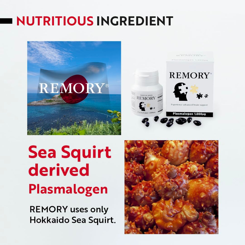 REMORY ingredient list featuring plasmalogen, DHA, and EPA for brain support