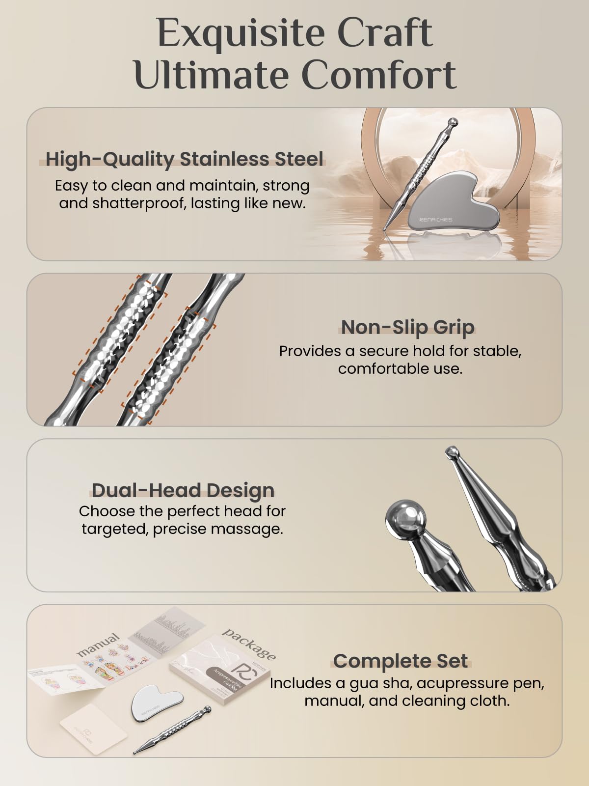 Rena Chris stainless steel gua sha tool close-up with smooth surface.