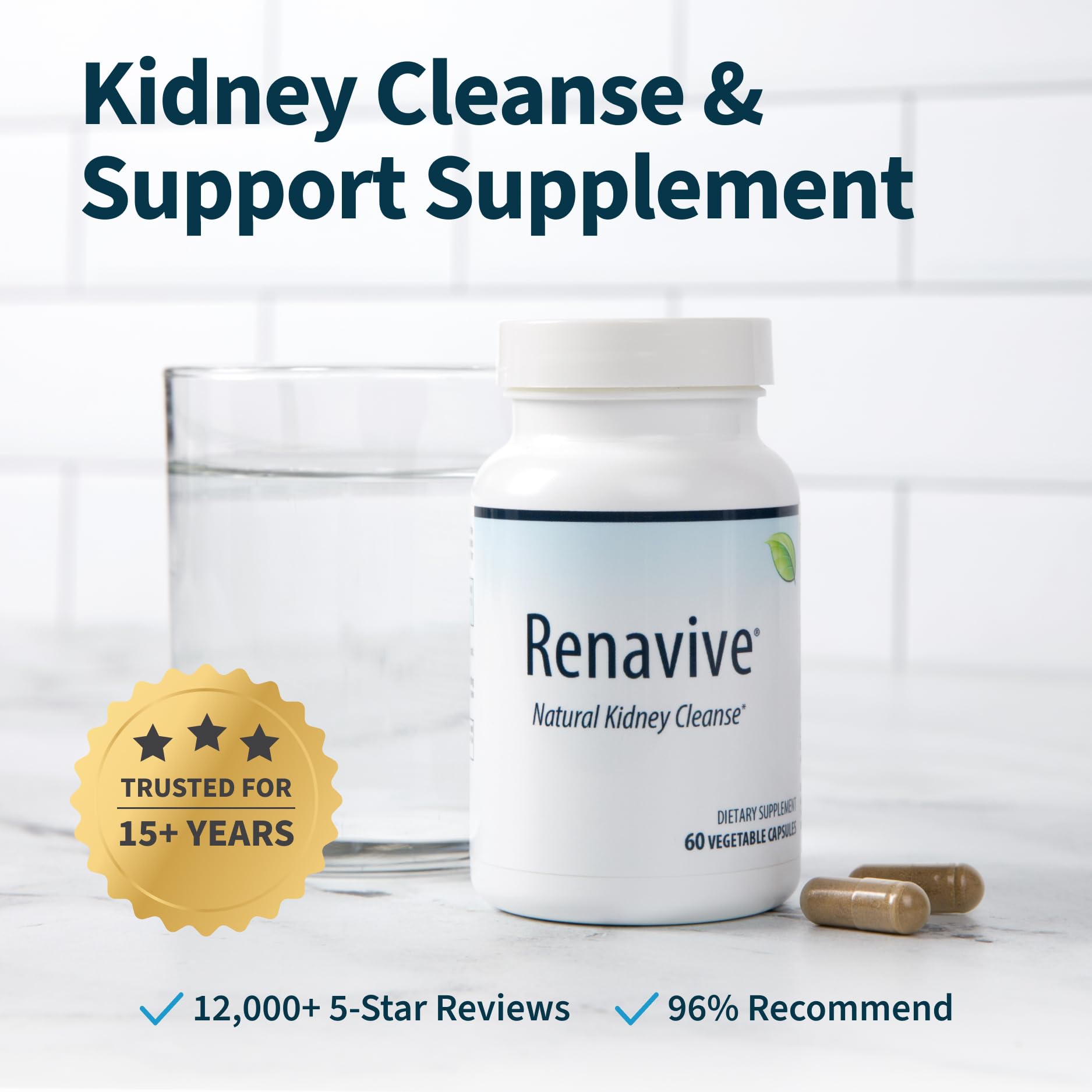 Renavive Kidney Cleanse bottle side view showing capsule size for daily use