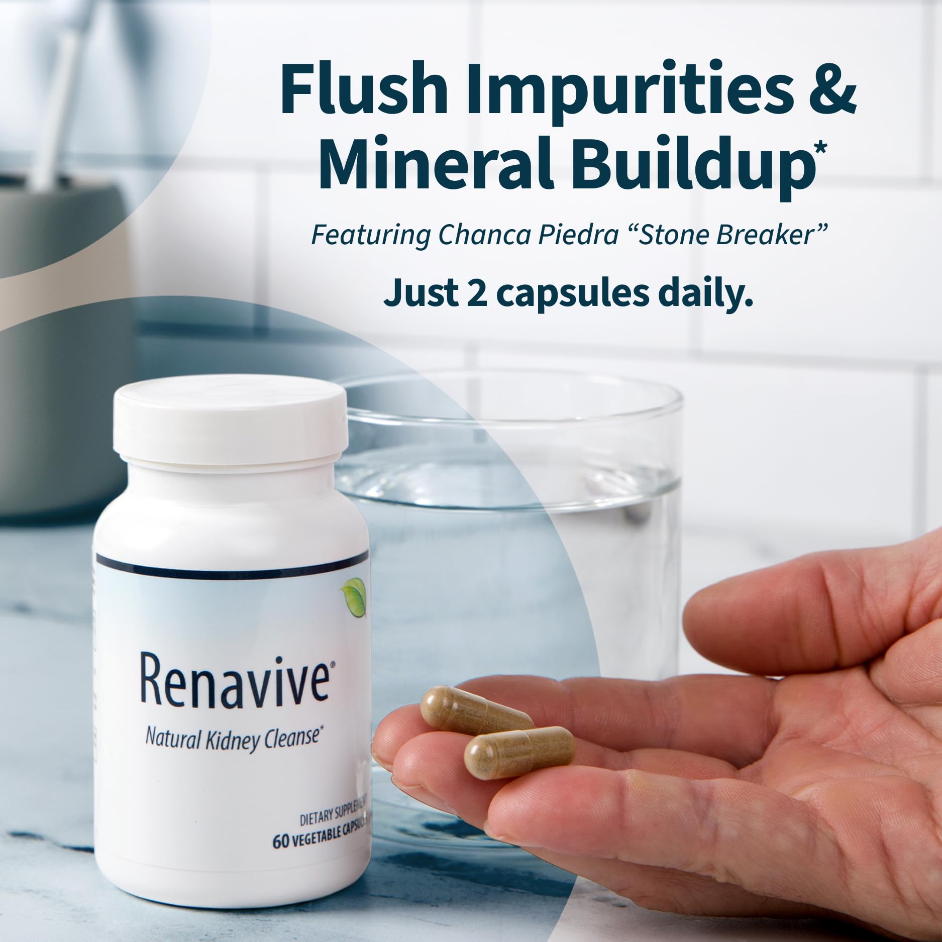 Renavive Kidney Cleanse capsules closeup highlighting natural blend