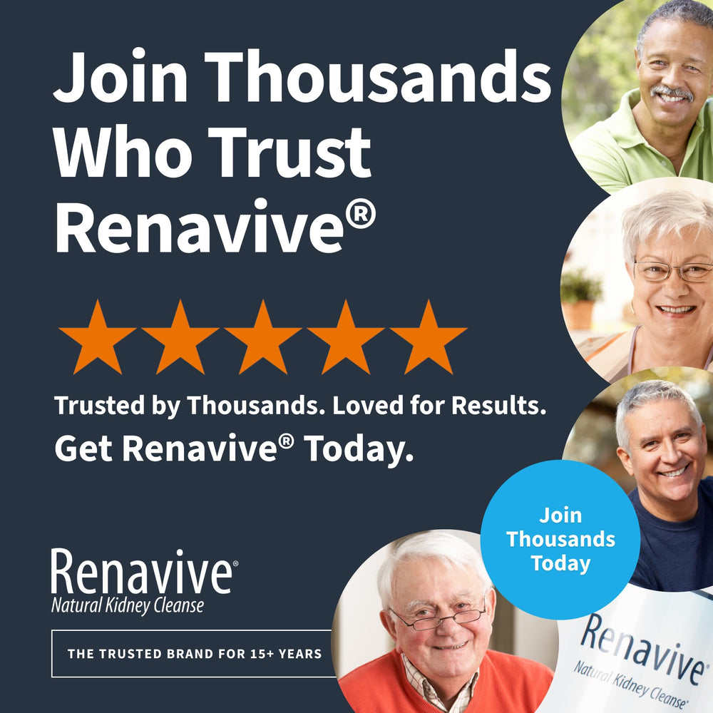 Renavive Kidney Cleanse usage scene showing capsules with water