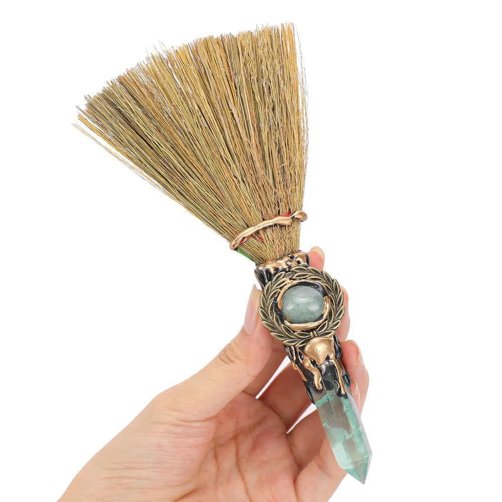 RENEMEGO Witch Broom with green crystal for energy cleansing and meditation.
