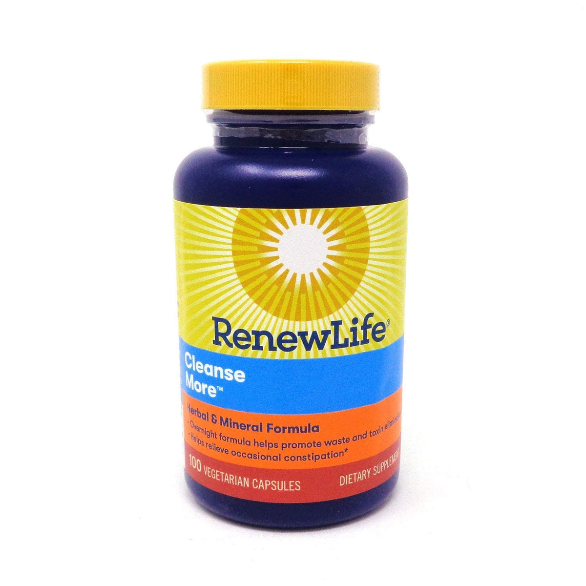 Renew Life Cleanse More bottle label showing overnight support with herbal and mineral formula