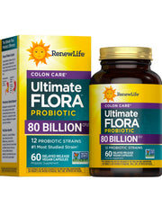 Renew Life Colon Care bottle close-up shows 80 billion CFU capsules for daily digestive support.