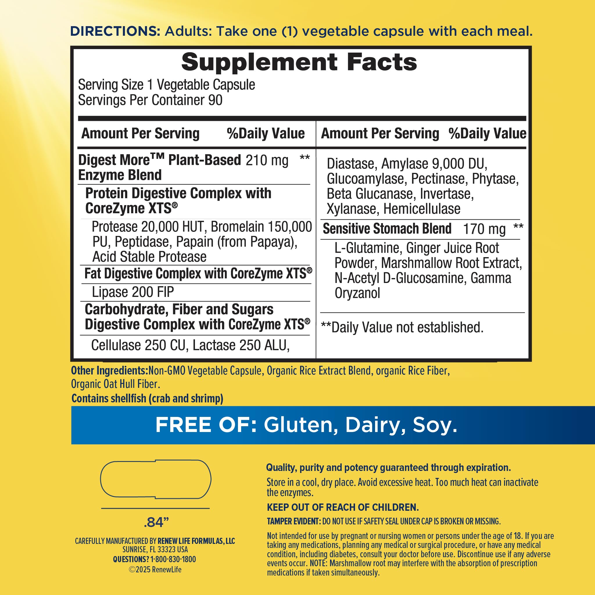 Renew Life DigestMore bottle label close-up highlights enzymes and L-glutamine.