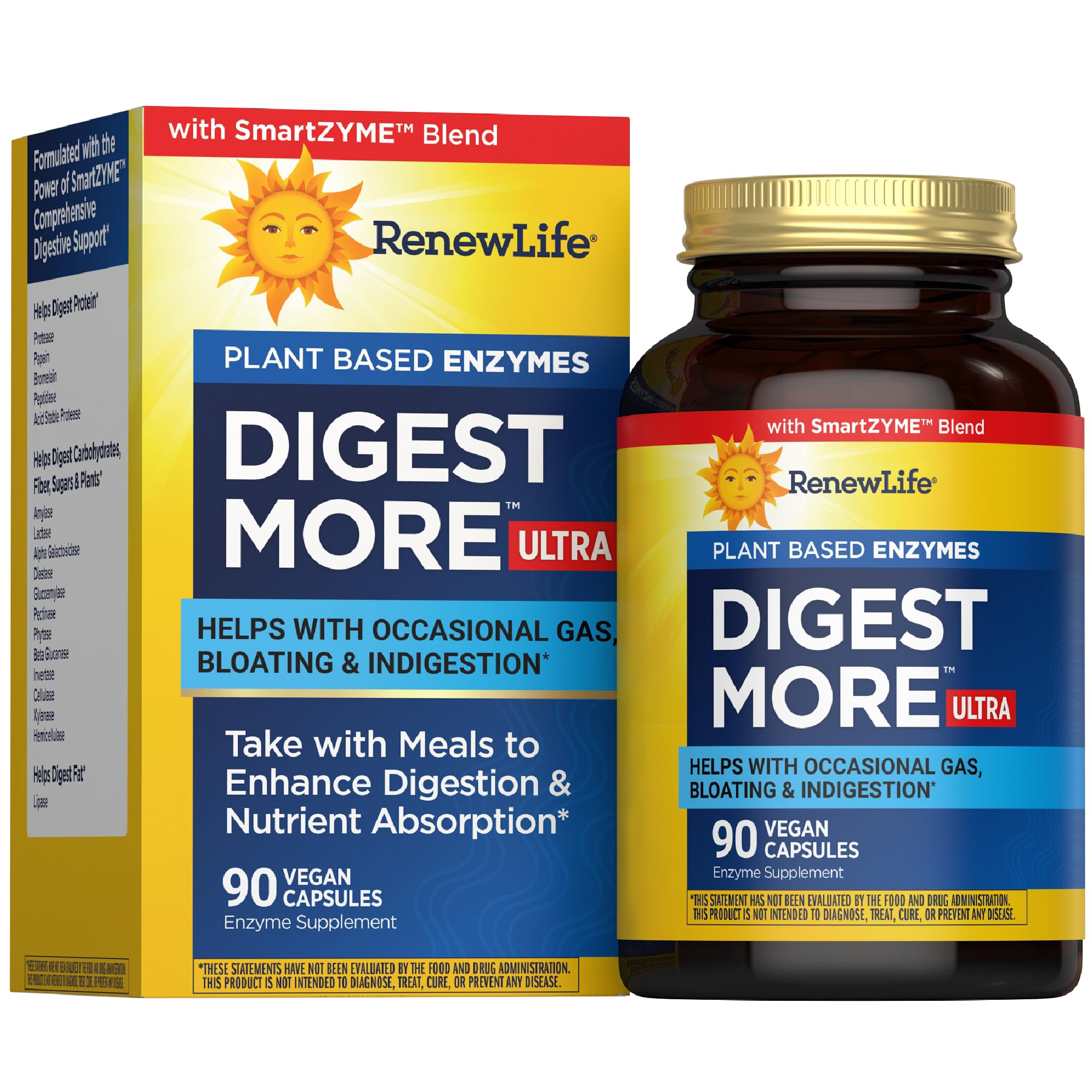 Renew Life DigestMore Ultra bottle front shows ultra-strength plant-based enzymes for daily digestion