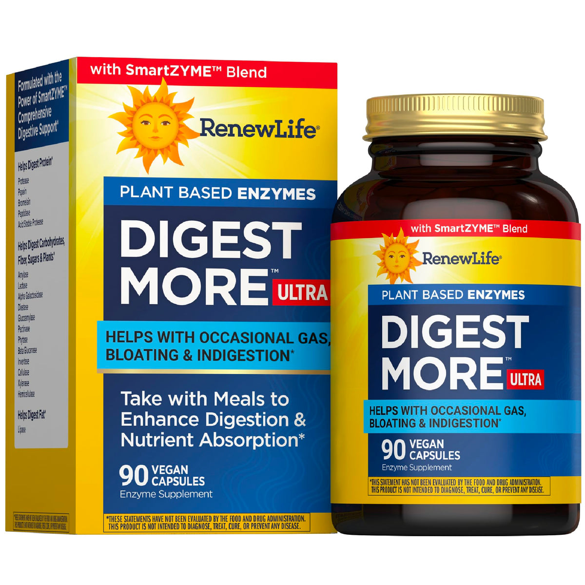 Renew Life DigestMore Ultra bottle front shows ultra-strength plant-based enzymes for daily digestion