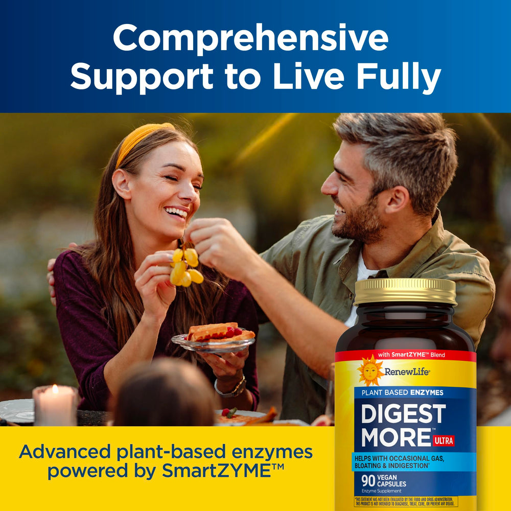 Renew Life DigestMore Ultra plant-based enzyme blend designed to support food breakdown