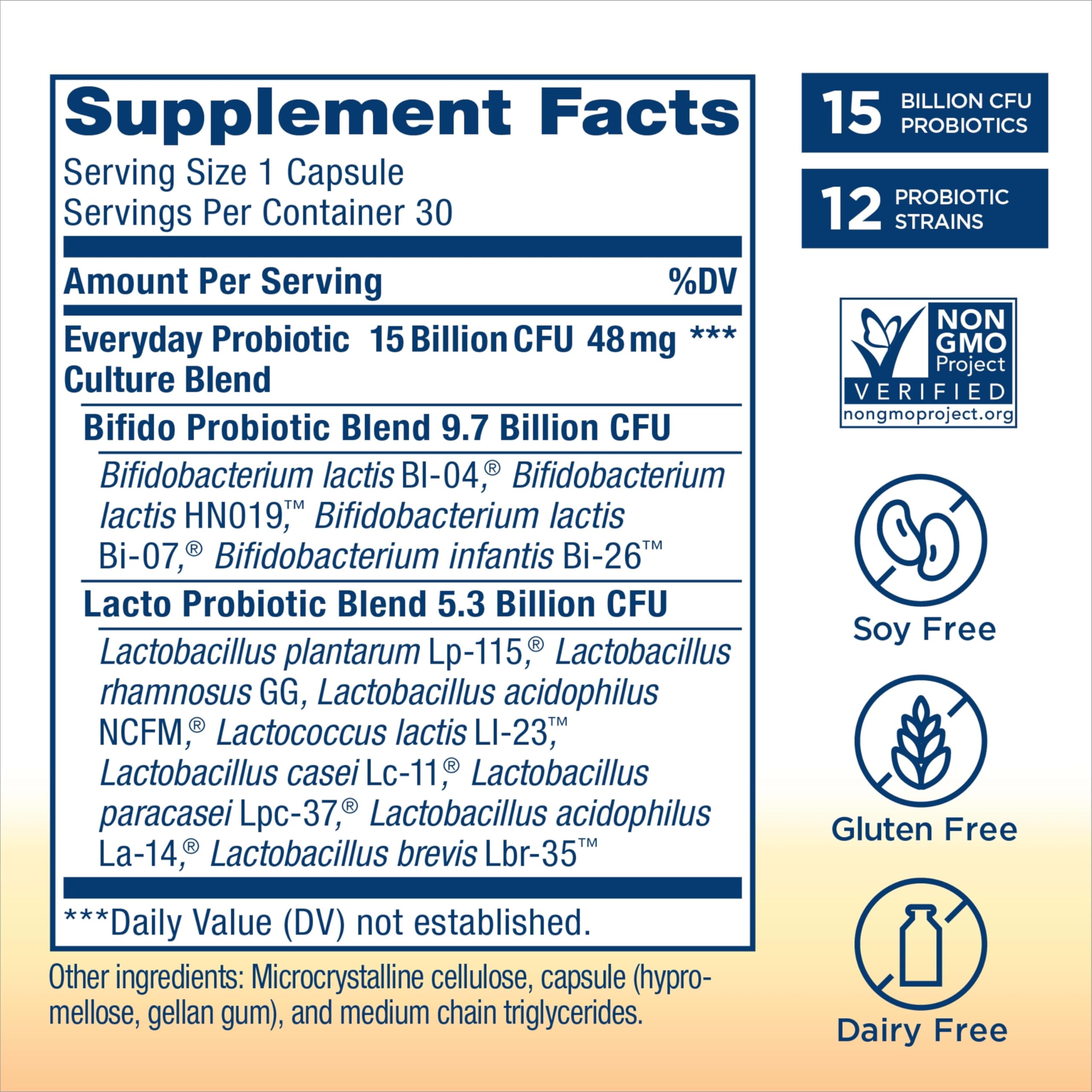 Front packaging of Renew Life probiotic highlighting dairy, gluten, and soy-free formulation.