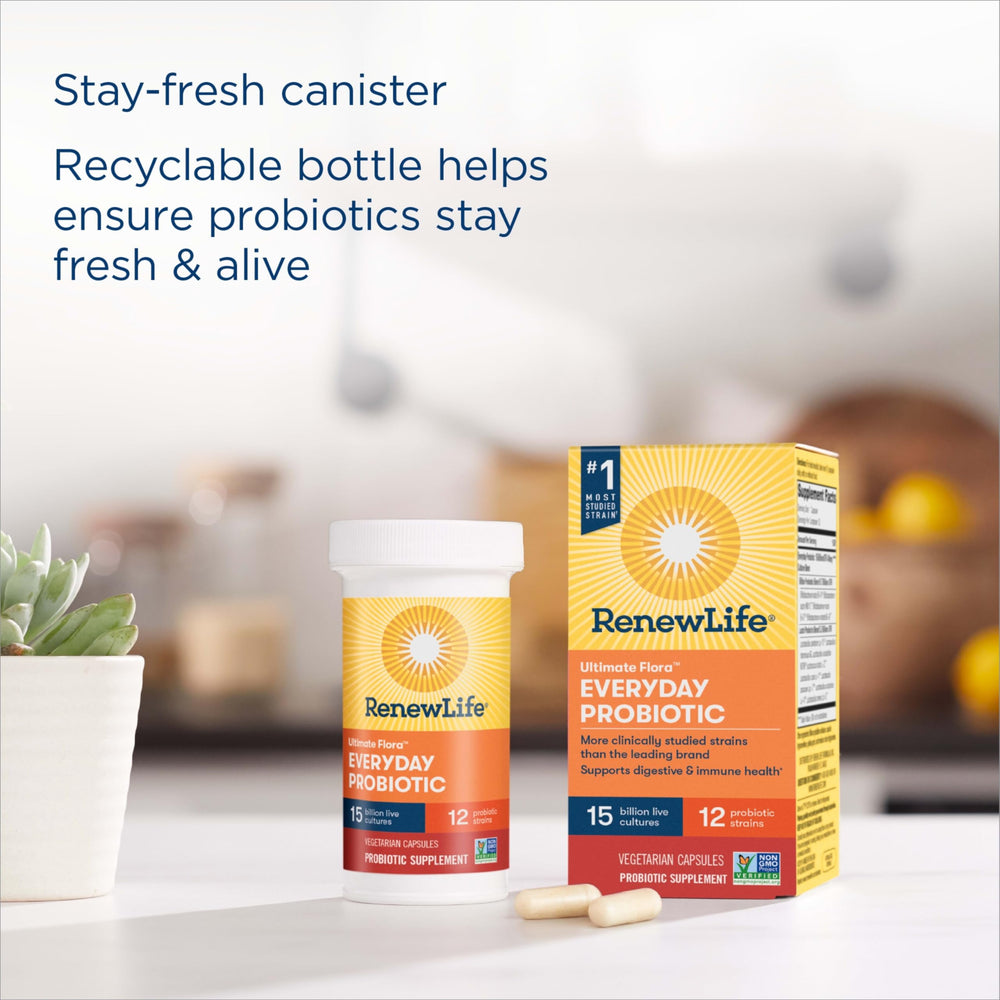 Soy-free icon present on Renew Life probiotic packaging.