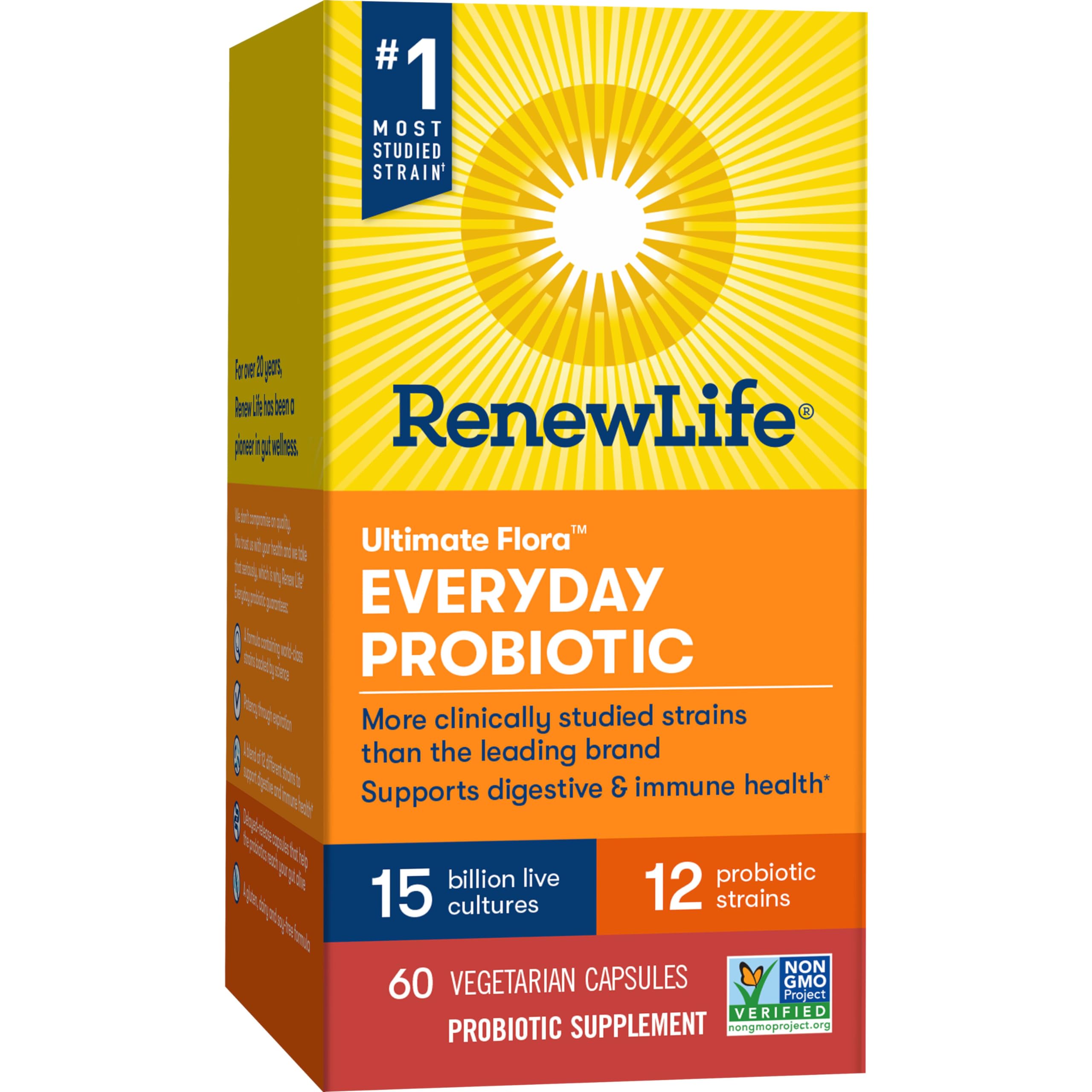 Renew Life Everyday Probiotic packaging displaying gluten-free dairy-free and soy-free status