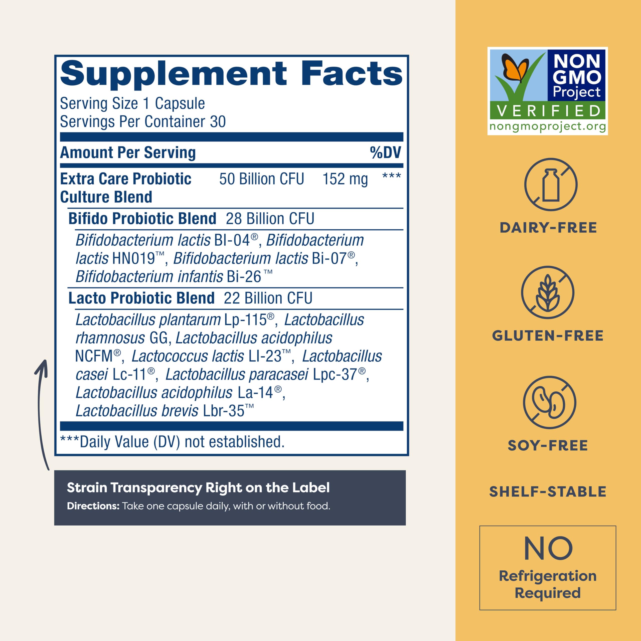 Renew Life Extra Care bottle back label with strain details.